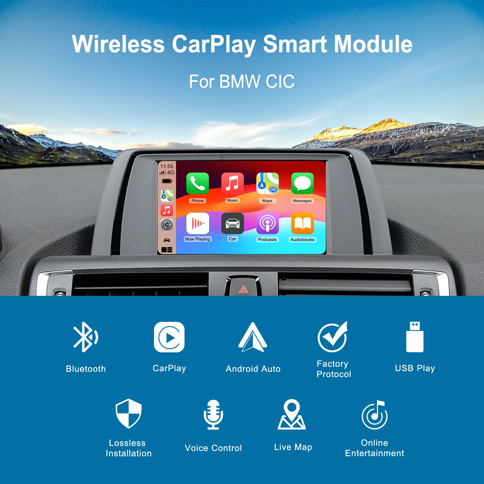 Wireless CarPlay Android Auto Retrofit Kit CarPlay Interface for BMW CIC System, Screen Upgrade Decoder Box for BMW CIC System