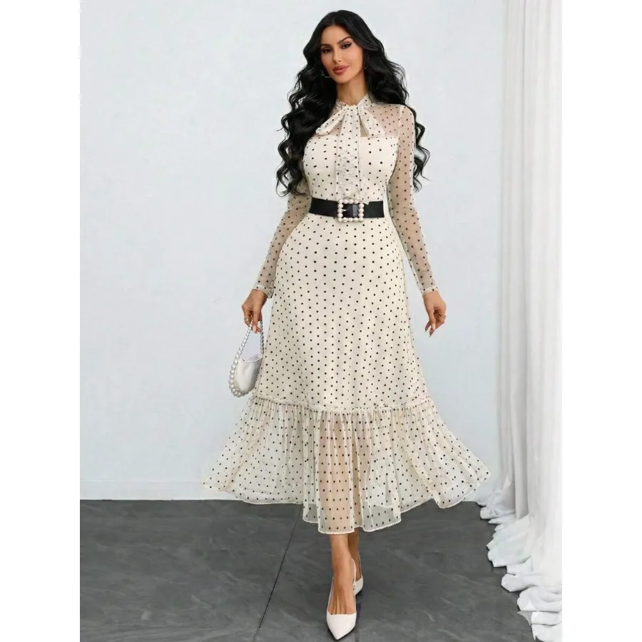 Women's Elegant Sexy Romantic Vintage Polka Dot Double-Layer Bow Dress, Suitable For Work, Dates And Vacation Spring