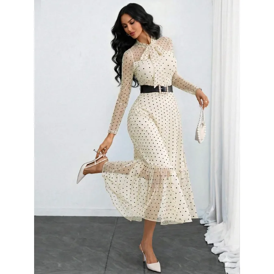 Women's Elegant Sexy Romantic Vintage Polka Dot Double-Layer Bow Dress, Suitable For Work, Dates And Vacation Spring