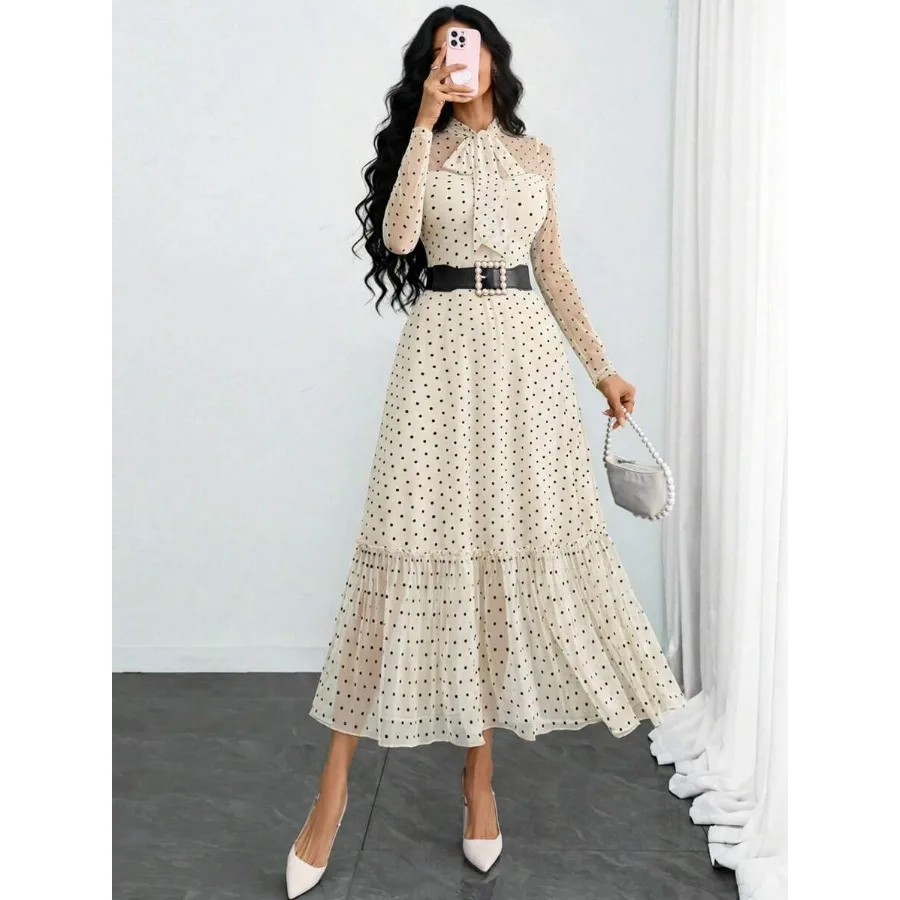 Women's Elegant Sexy Romantic Vintage Polka Dot Double-Layer Bow Dress, Suitable For Work, Dates And Vacation Spring