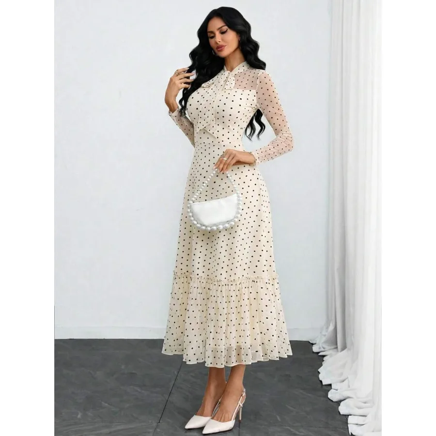 Women's Elegant Sexy Romantic Vintage Polka Dot Double-Layer Bow Dress, Suitable For Work, Dates And Vacation Spring