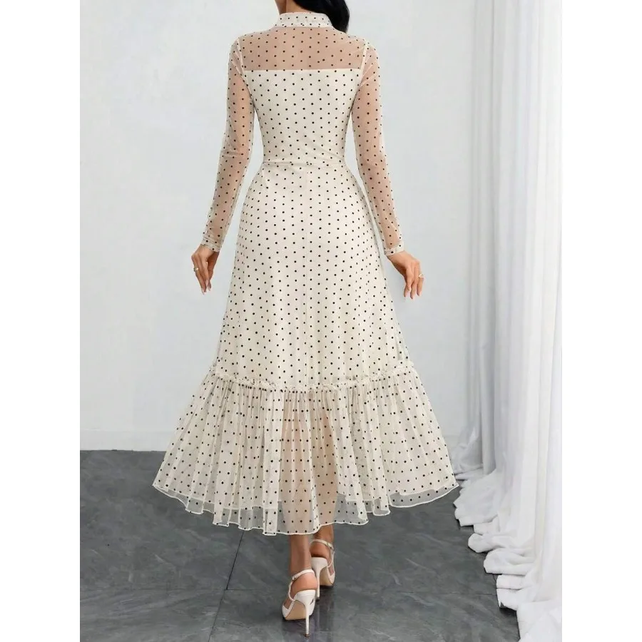 Women's Elegant Sexy Romantic Vintage Polka Dot Double-Layer Bow Dress, Suitable For Work, Dates And Vacation Spring