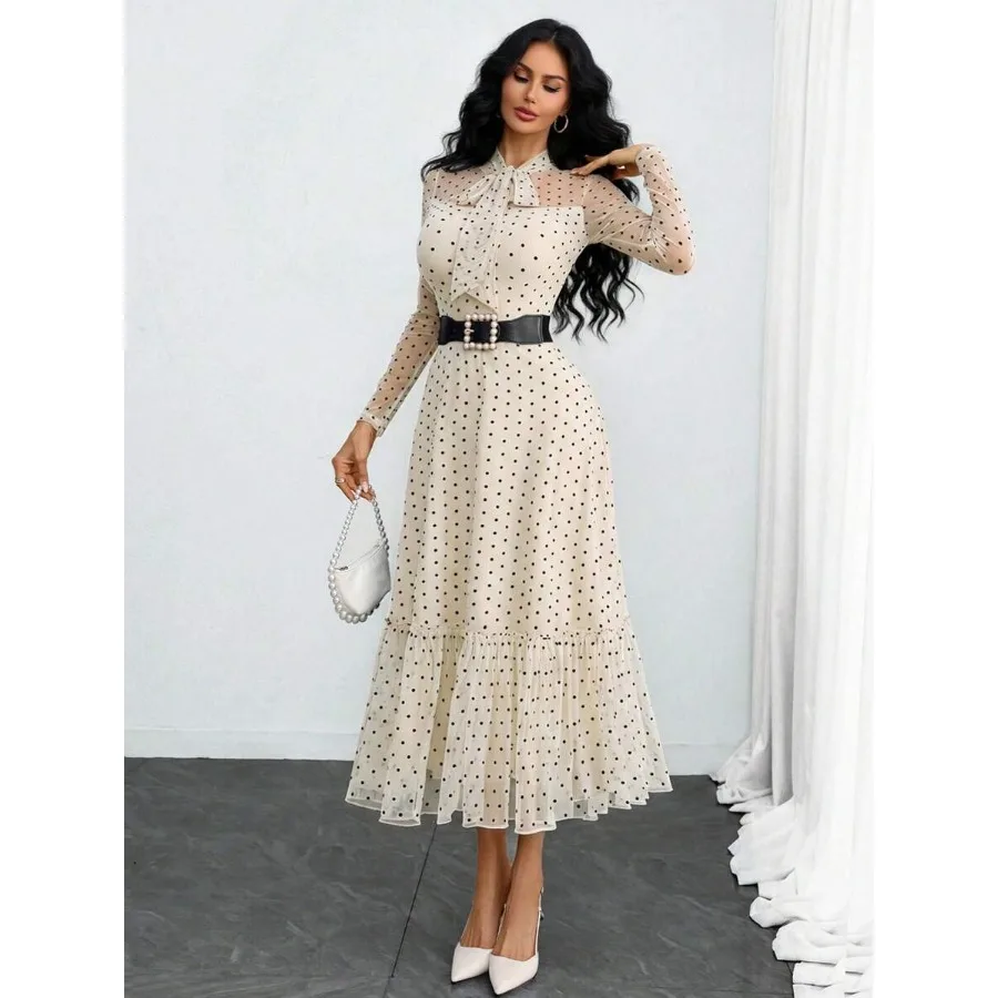 Women's Elegant Sexy Romantic Vintage Polka Dot Double-Layer Bow Dress, Suitable For Work, Dates And Vacation Spring