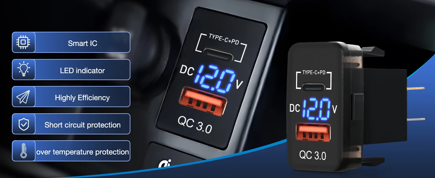 Nilight Rocker Switch Style USB Outlet Socket LED Voltmeter 12V PD Type C and QC 3.0 Outlets Car Using 1.54" x 0.83" Replacement with Inline Fuse for Tacoma Tundra 4Runner FJ Cruiser Hilux Fortuner