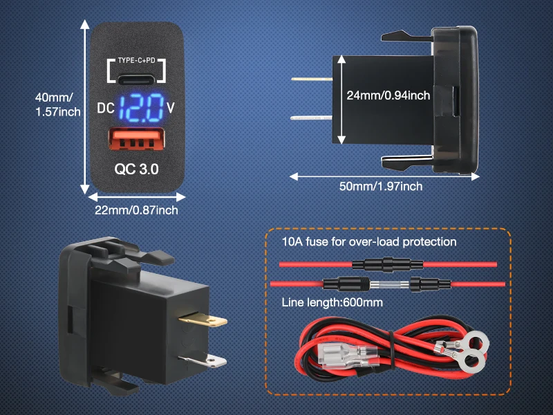 Nilight Rocker Switch Style USB Outlet Socket LED Voltmeter 12V PD Type C and QC 3.0 Outlets Car Using 1.54" x 0.83" Replacement with Inline Fuse for Tacoma Tundra 4Runner FJ Cruiser Hilux Fortuner
