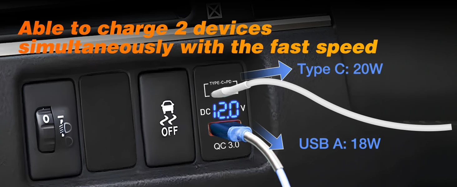 Nilight Rocker Switch Style USB Outlet Socket LED Voltmeter 12V PD Type C and QC 3.0 Outlets Car Using 1.54" x 0.83" Replacement with Inline Fuse for Tacoma Tundra 4Runner FJ Cruiser Hilux Fortuner