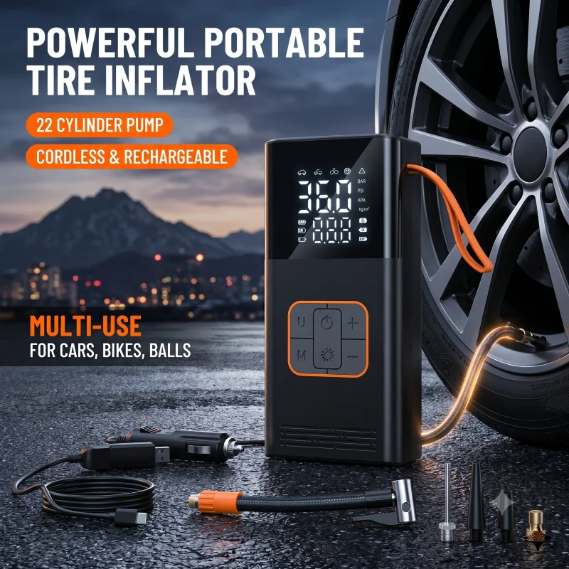 POWNYM Cordless Portable Tire Air Pump, 150PSI Wireless Inflator with Pressure Gauge & LED Light, Multi Adapters, Jump Starter for Auto Bike & Inflatable Balls
