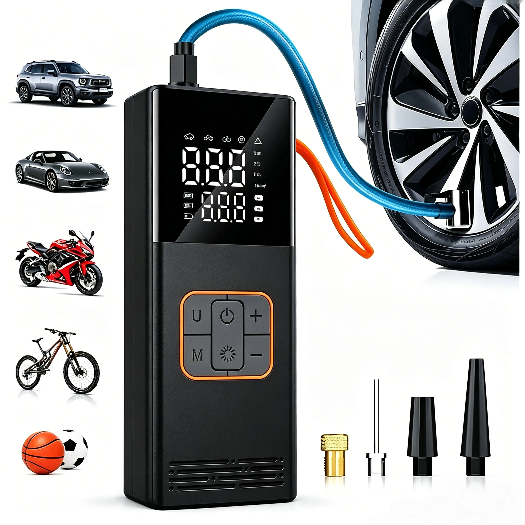POWNYM Cordless Portable Tire Air Pump, 150PSI Wireless Inflator with Pressure Gauge & LED Light, Multi Adapters, Jump Starter for Auto Bike & Inflatable Balls