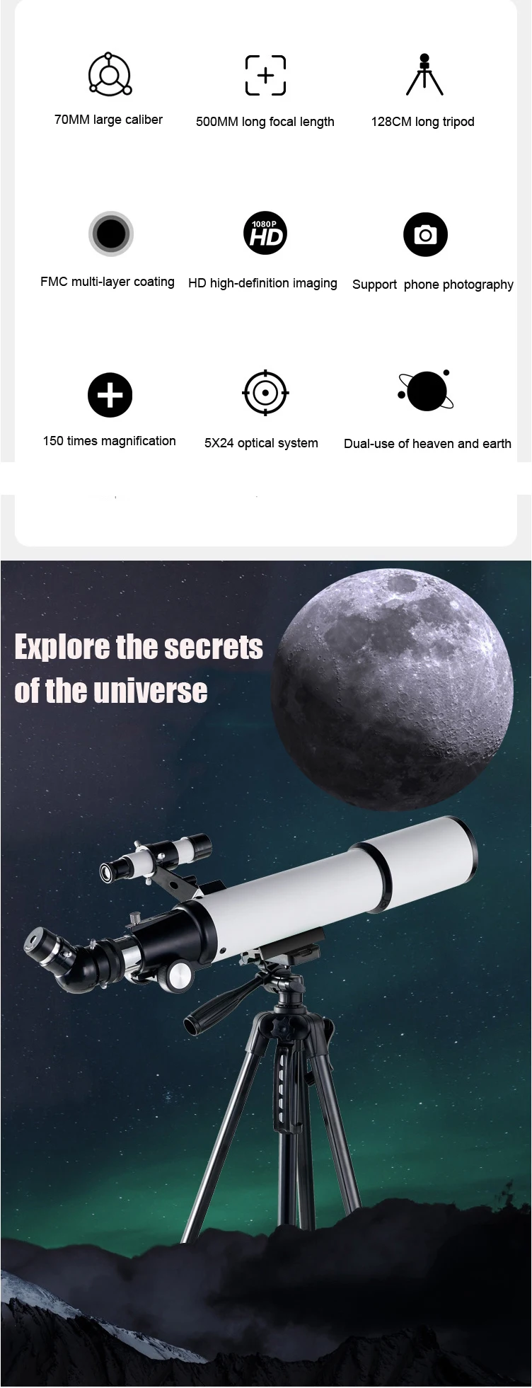 BORWOLF 70500 Professional Astronomical Telescope 375X Monocular 70MM Large-Aperture for Stargazing Bird Watching Moon