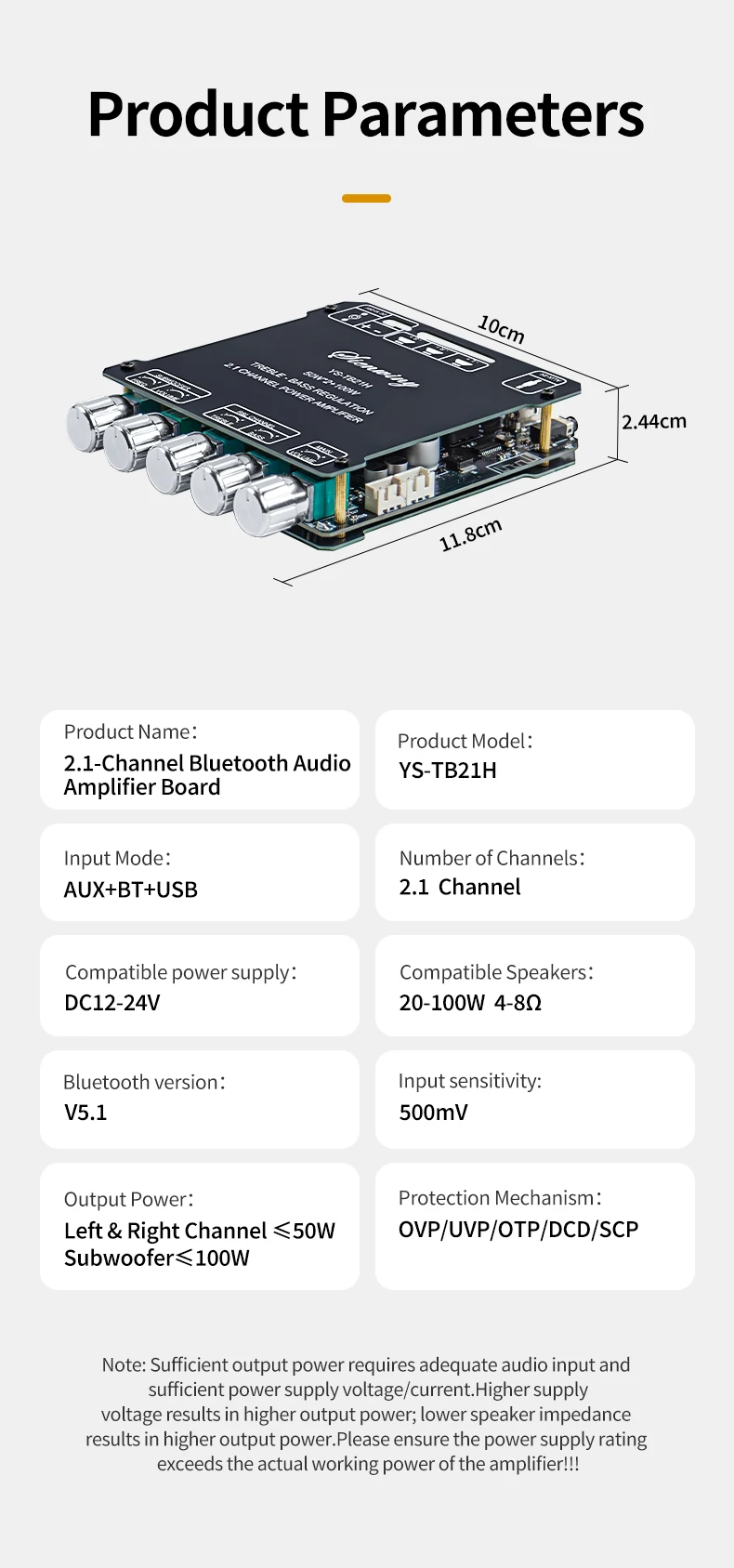 YS-MT21 2.1 Channel Audio Amplifier Board 200W Stereo Subwoofer Module With AUX Input, Treble Bass EQ For DIY Speaker System