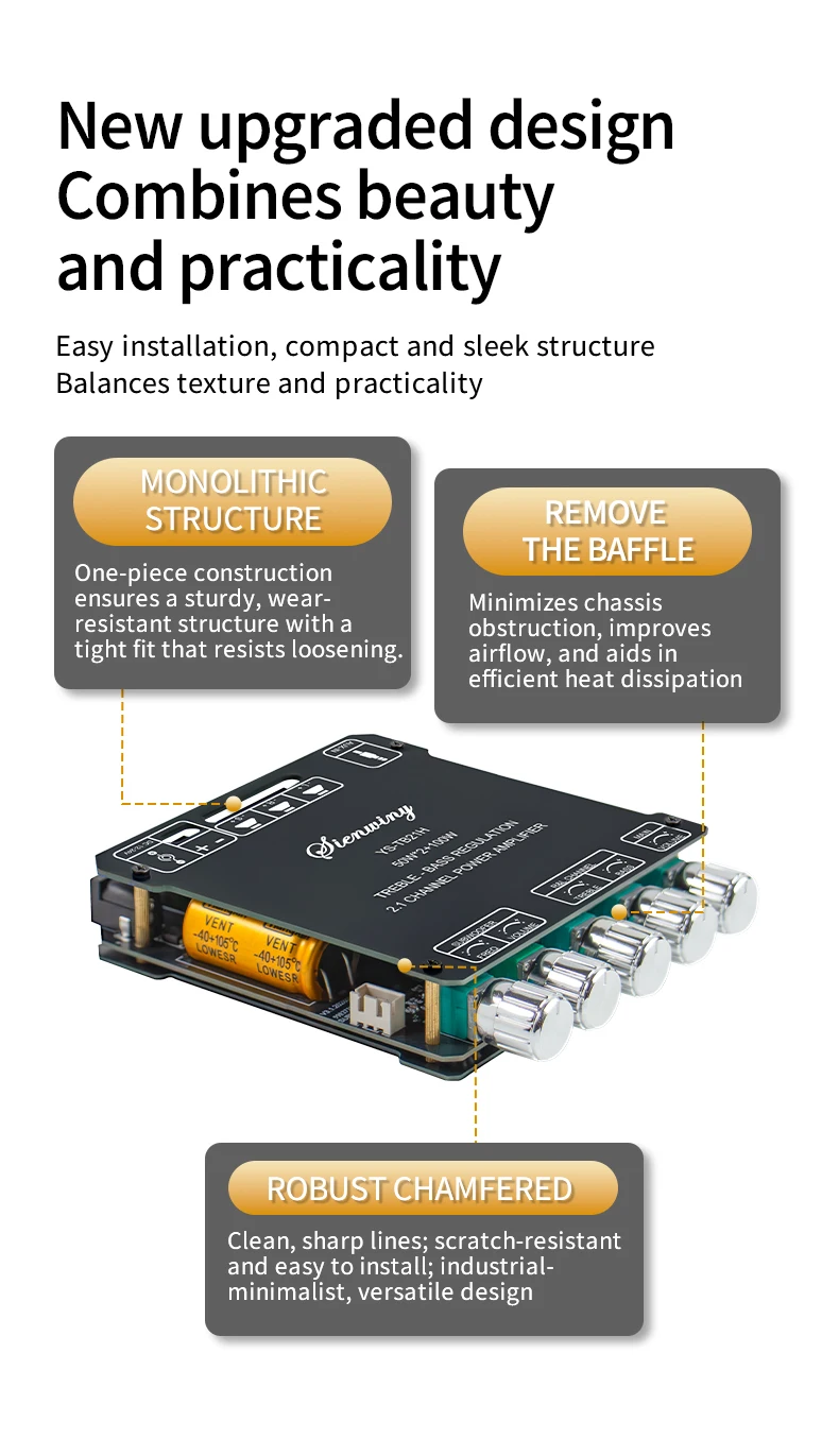 YS-MT21 2.1 Channel Audio Amplifier Board 200W Stereo Subwoofer Module With AUX Input, Treble Bass EQ For DIY Speaker System