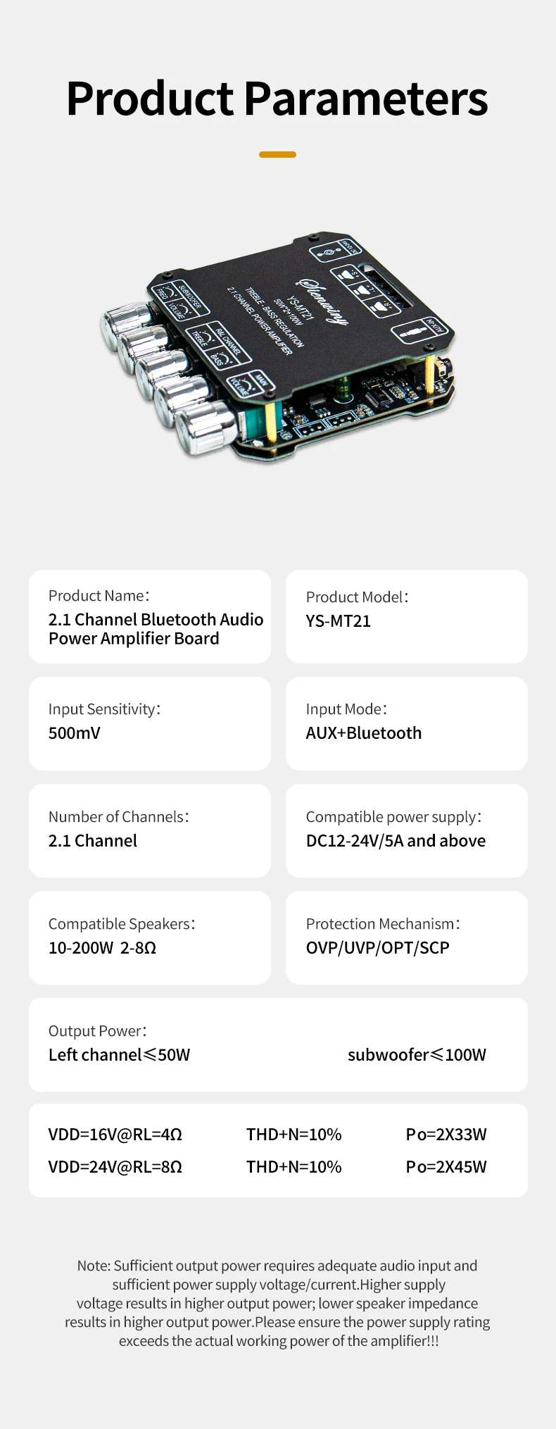 YS-MT21 2.1 Channel Audio Amplifier Board 200W Stereo Subwoofer Module With AUX Input, Treble Bass EQ For DIY Speaker System