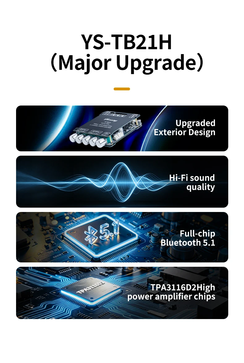 YS-MT21 2.1 Channel Audio Amplifier Board 200W Stereo Subwoofer Module With AUX Input, Treble Bass EQ For DIY Speaker System