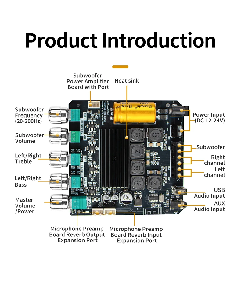 YS-MT21 2.1 Channel Audio Amplifier Board 200W Stereo Subwoofer Module With AUX Input, Treble Bass EQ For DIY Speaker System