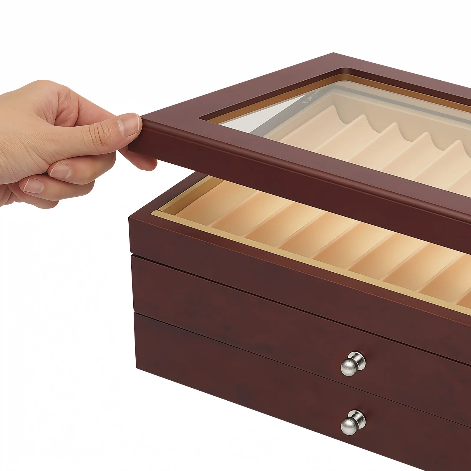 Pen Display Box-3-Tier 34 Compartments Red Retro, Rosewood MDF Velvet Lined Glass Lid, Electroplated Hinges No Assembly for Pens