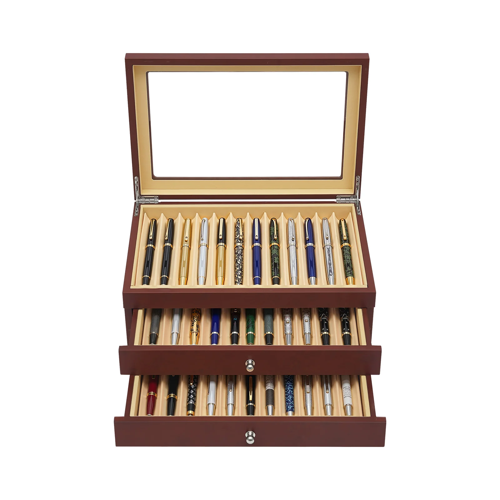Pen Display Box-3-Tier 34 Compartments Red Retro, Rosewood MDF Velvet Lined Glass Lid, Electroplated Hinges No Assembly for Pens