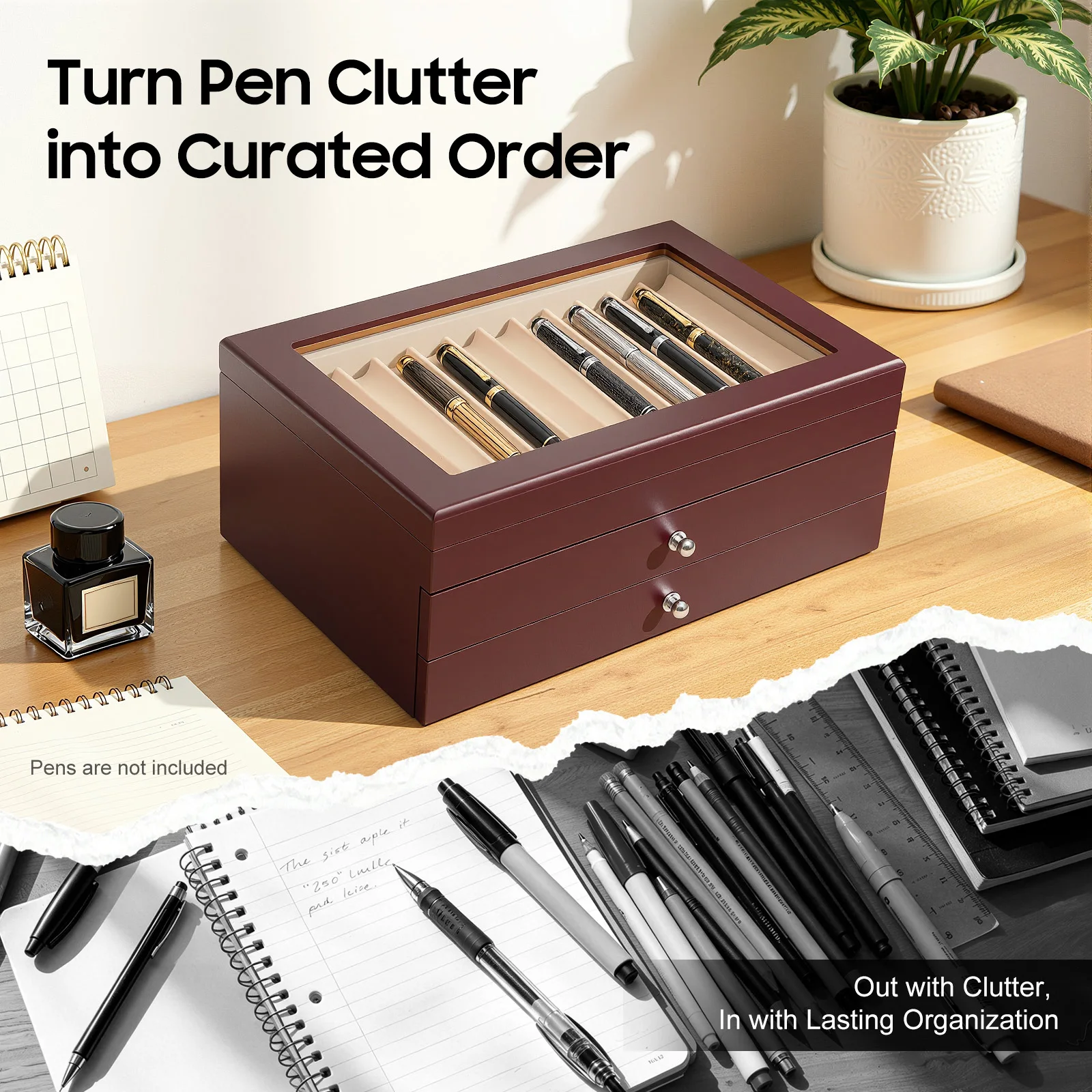 Pen Display Box-3-Tier 34 Compartments Red Retro, Rosewood MDF Velvet Lined Glass Lid, Electroplated Hinges No Assembly for Pens