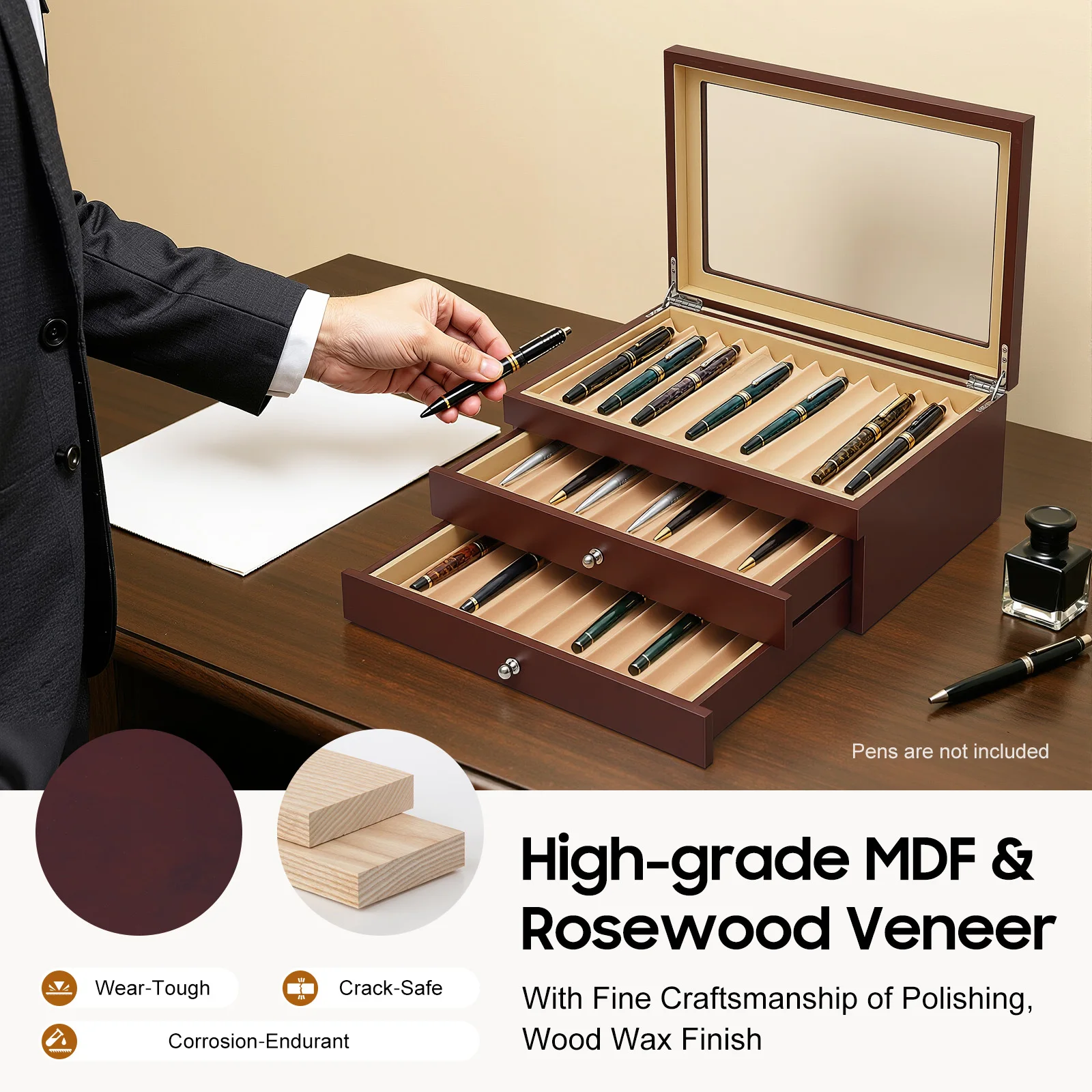 Pen Display Box-3-Tier 34 Compartments Red Retro, Rosewood MDF Velvet Lined Glass Lid, Electroplated Hinges No Assembly for Pens