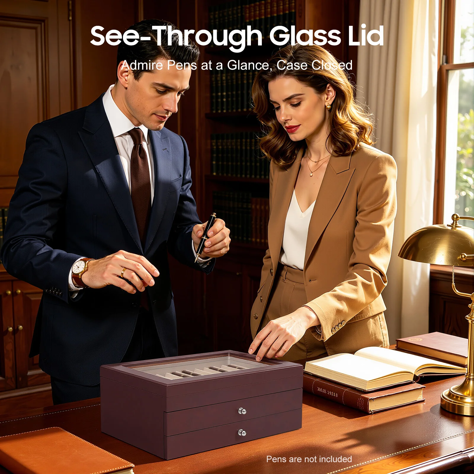 Pen Display Box-3-Tier 34 Compartments Red Retro, Rosewood MDF Velvet Lined Glass Lid, Electroplated Hinges No Assembly for Pens