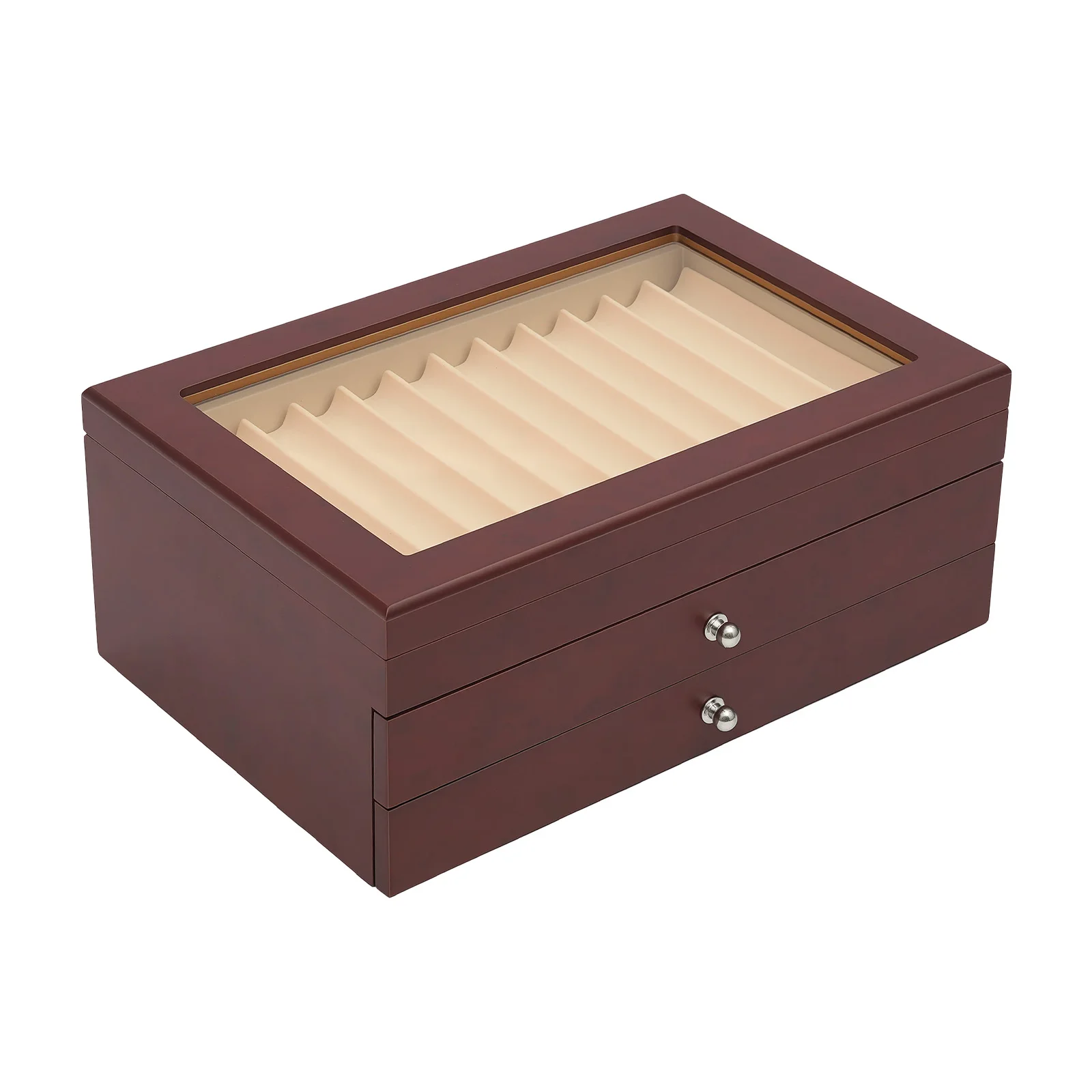 Pen Display Box-3-Tier 34 Compartments Red Retro, Rosewood MDF Velvet Lined Glass Lid, Electroplated Hinges No Assembly for Pens