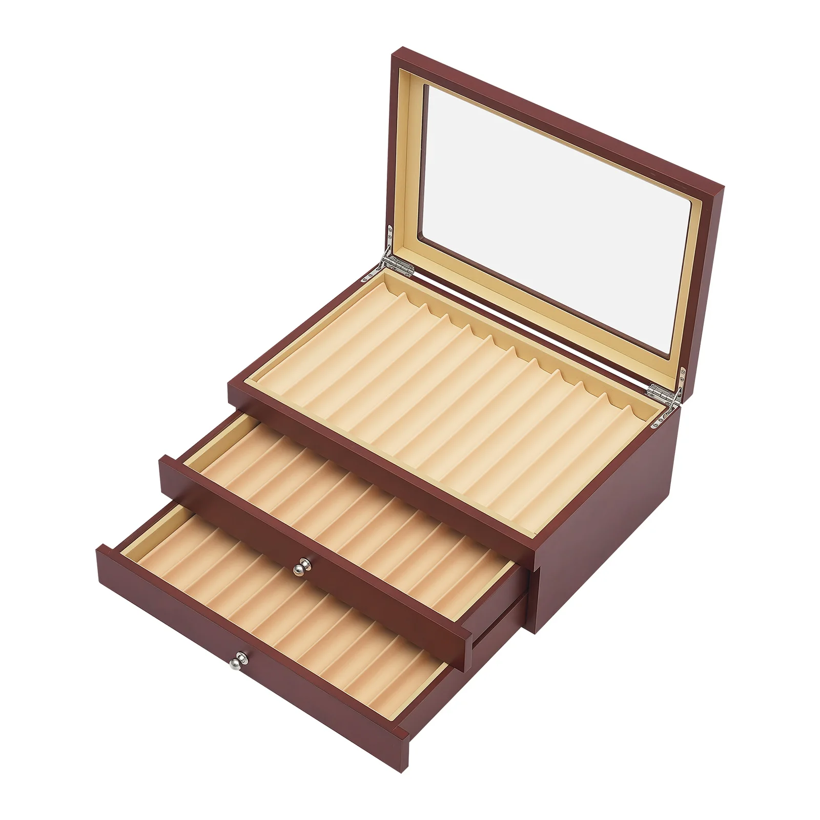 Pen Display Box-3-Tier 34 Compartments Red Retro, Rosewood MDF Velvet Lined Glass Lid, Electroplated Hinges No Assembly for Pens
