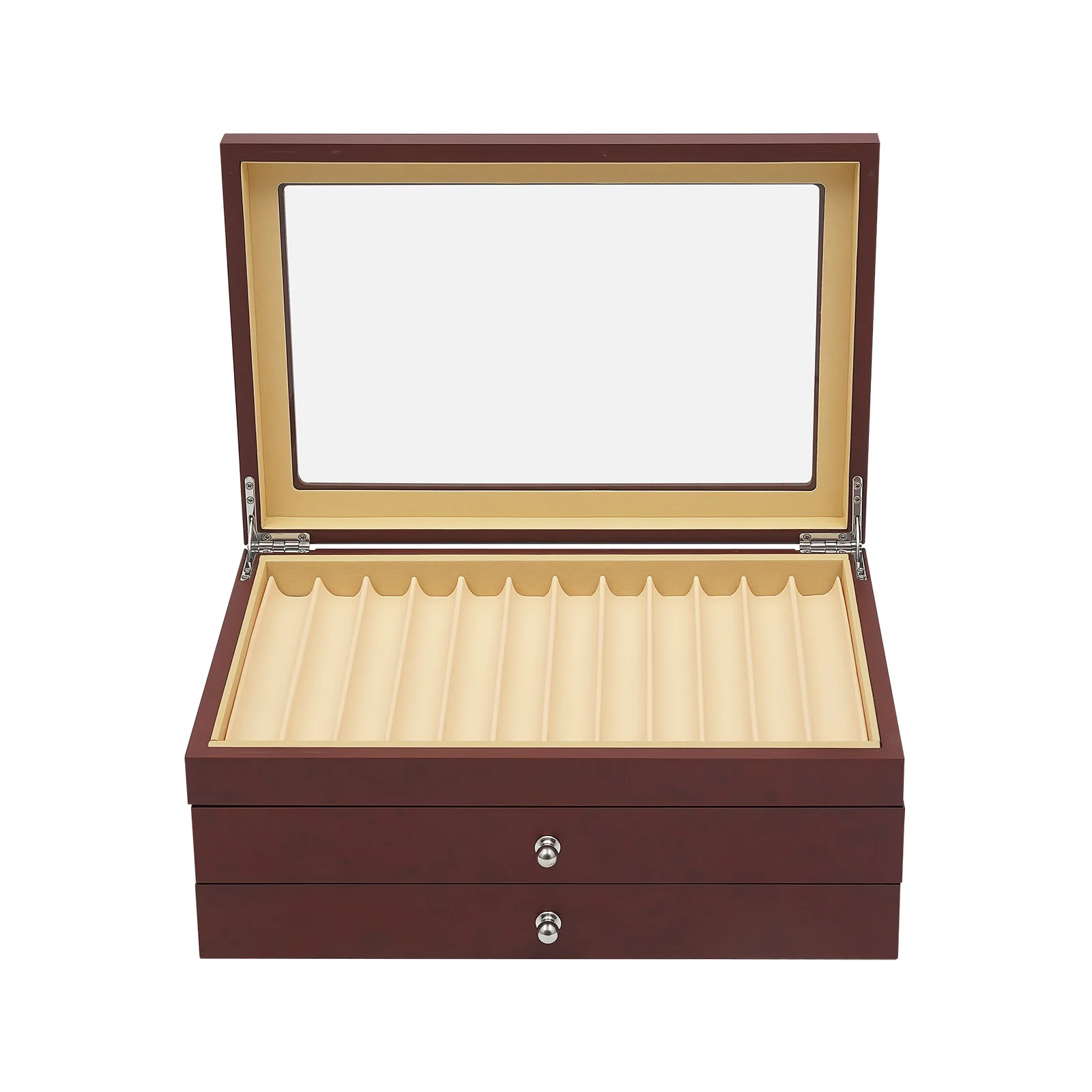 Pen Display Box-3-Tier 34 Compartments Red Retro, Rosewood MDF Velvet Lined Glass Lid, Electroplated Hinges No Assembly for Pens