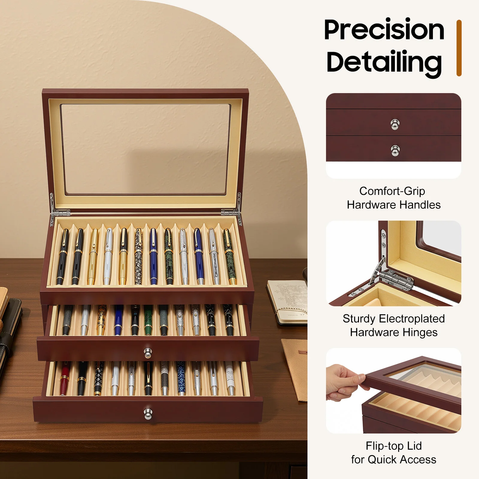 Pen Display Box-3-Tier 34 Compartments Red Retro, Rosewood MDF Velvet Lined Glass Lid, Electroplated Hinges No Assembly for Pens