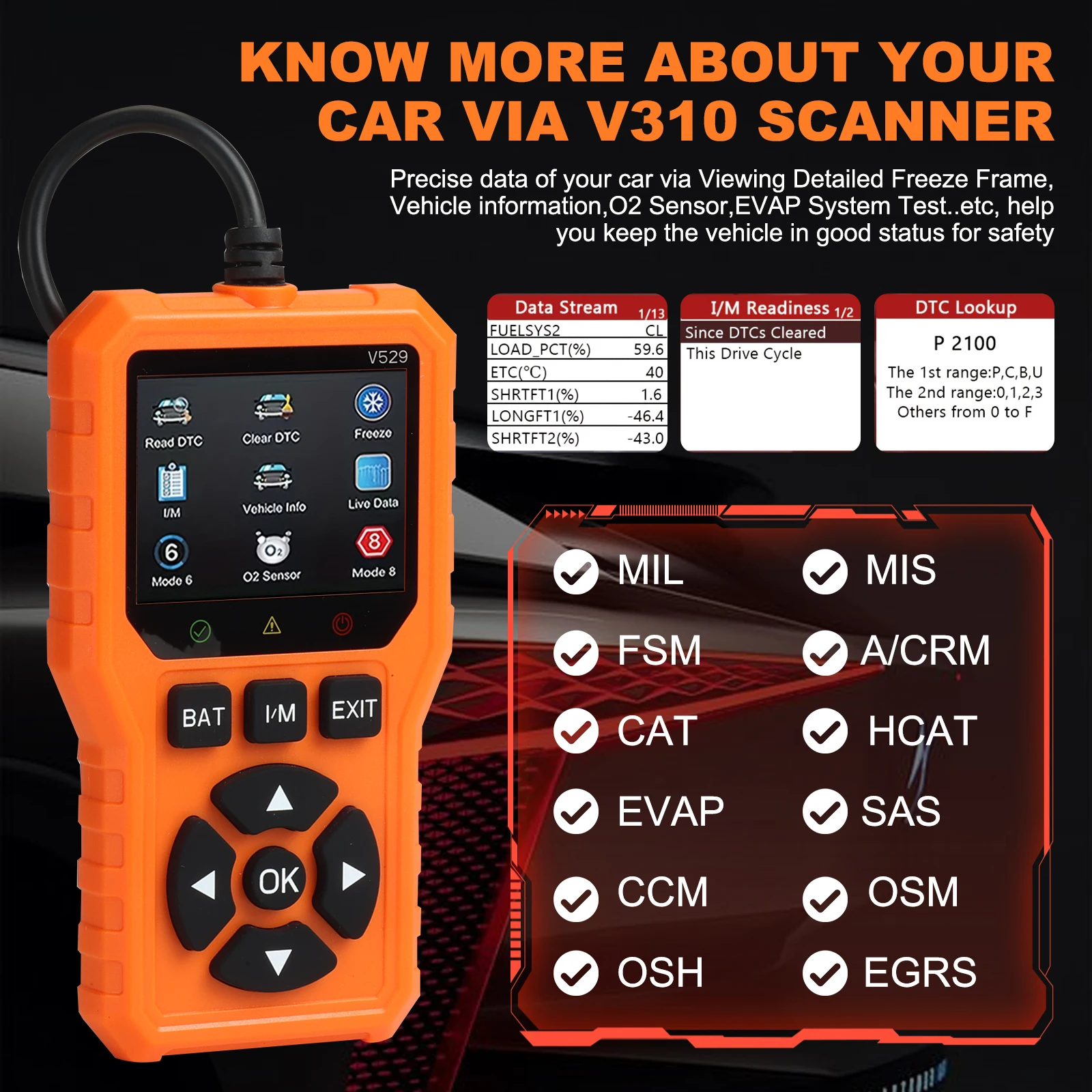 V529 Professional OBD2 Scanner, a Car Fault Code Reader Diagnostic Tool That Supports OBD II Protocols Since 1996, Supports Reading and Clearing Fault Codes, Does Not Require Battery Power