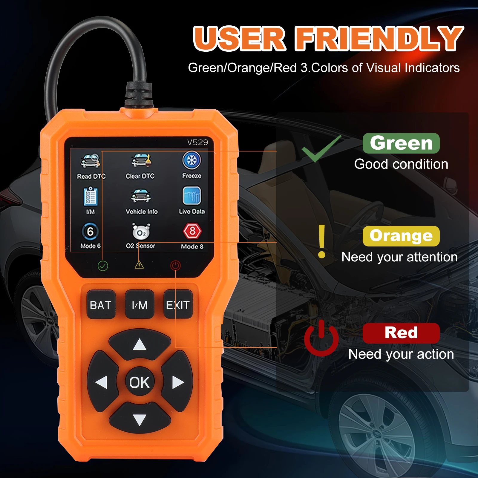 V529 Professional OBD2 Scanner, a Car Fault Code Reader Diagnostic Tool That Supports OBD II Protocols Since 1996, Supports Reading and Clearing Fault Codes, Does Not Require Battery Power
