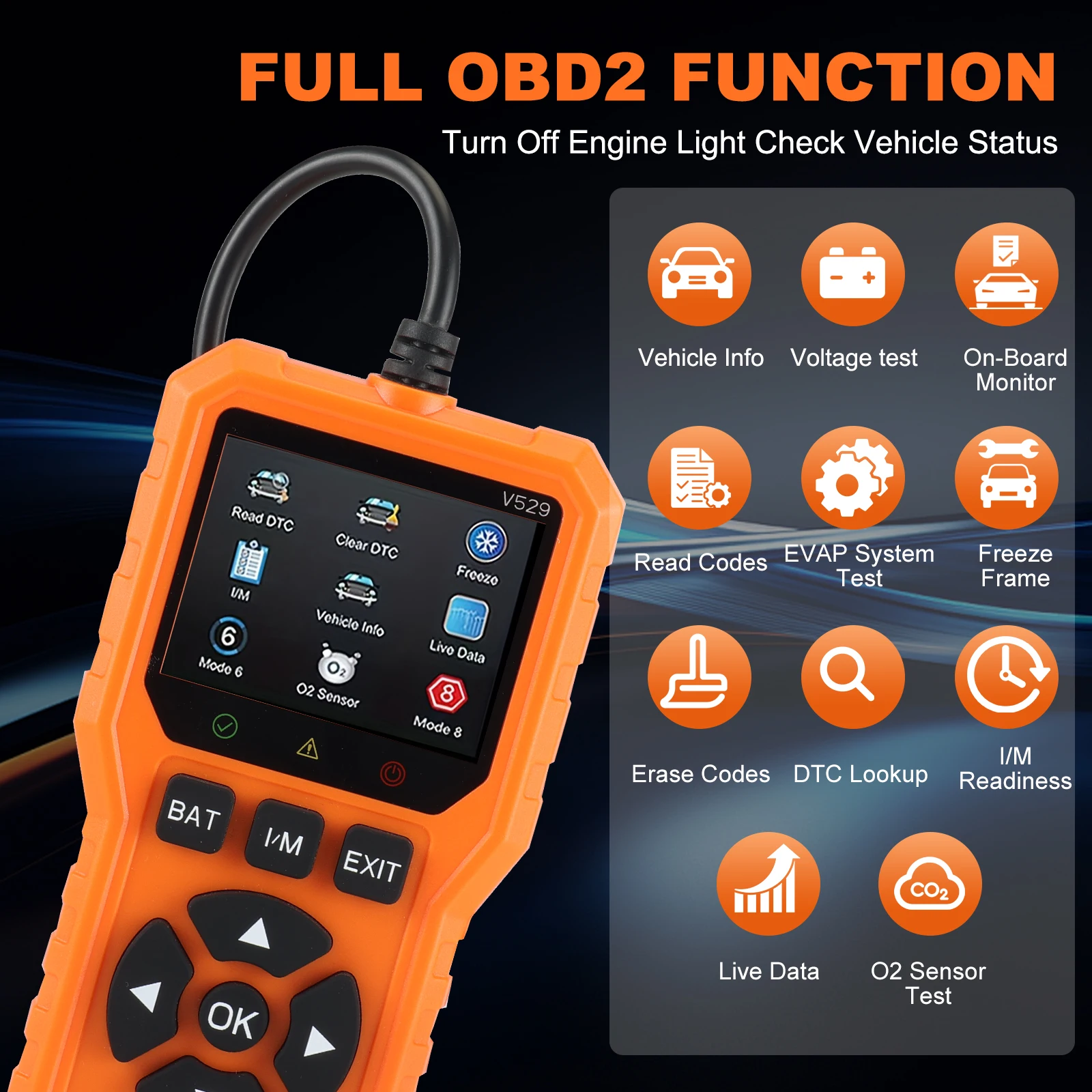 V529 Professional OBD2 Scanner, a Car Fault Code Reader Diagnostic Tool That Supports OBD II Protocols Since 1996, Supports Reading and Clearing Fault Codes, Does Not Require Battery Power