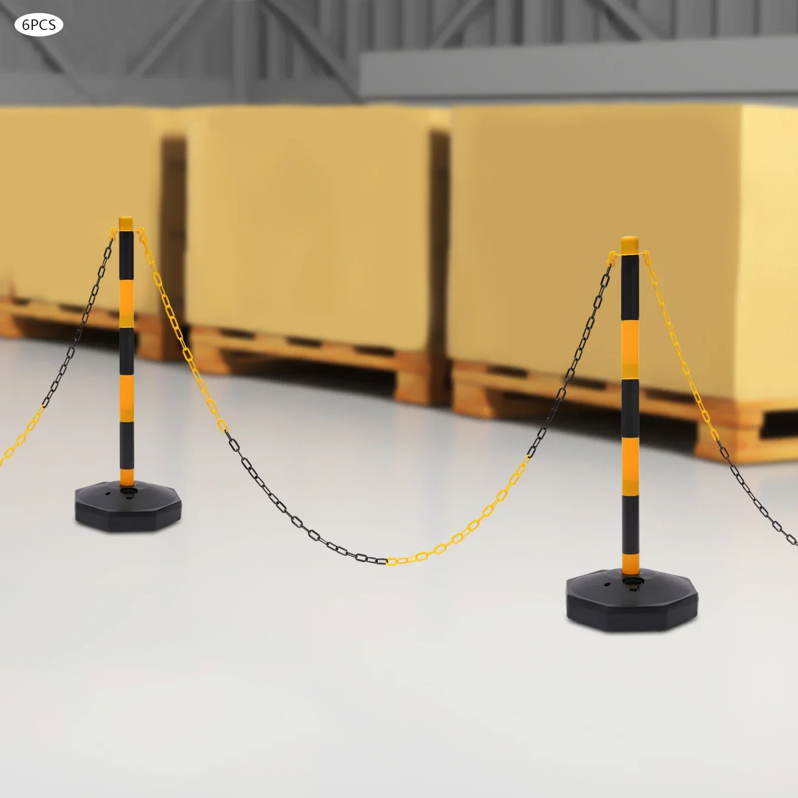 Rope Barriers, Belt Barrier with 6 Bases & 6 Poles, Black Yellow Posts, 5x2M Plastic Chain, 10 S Hooks, PE Durable Easy Assemble, Lightweight Portable Safety Fence