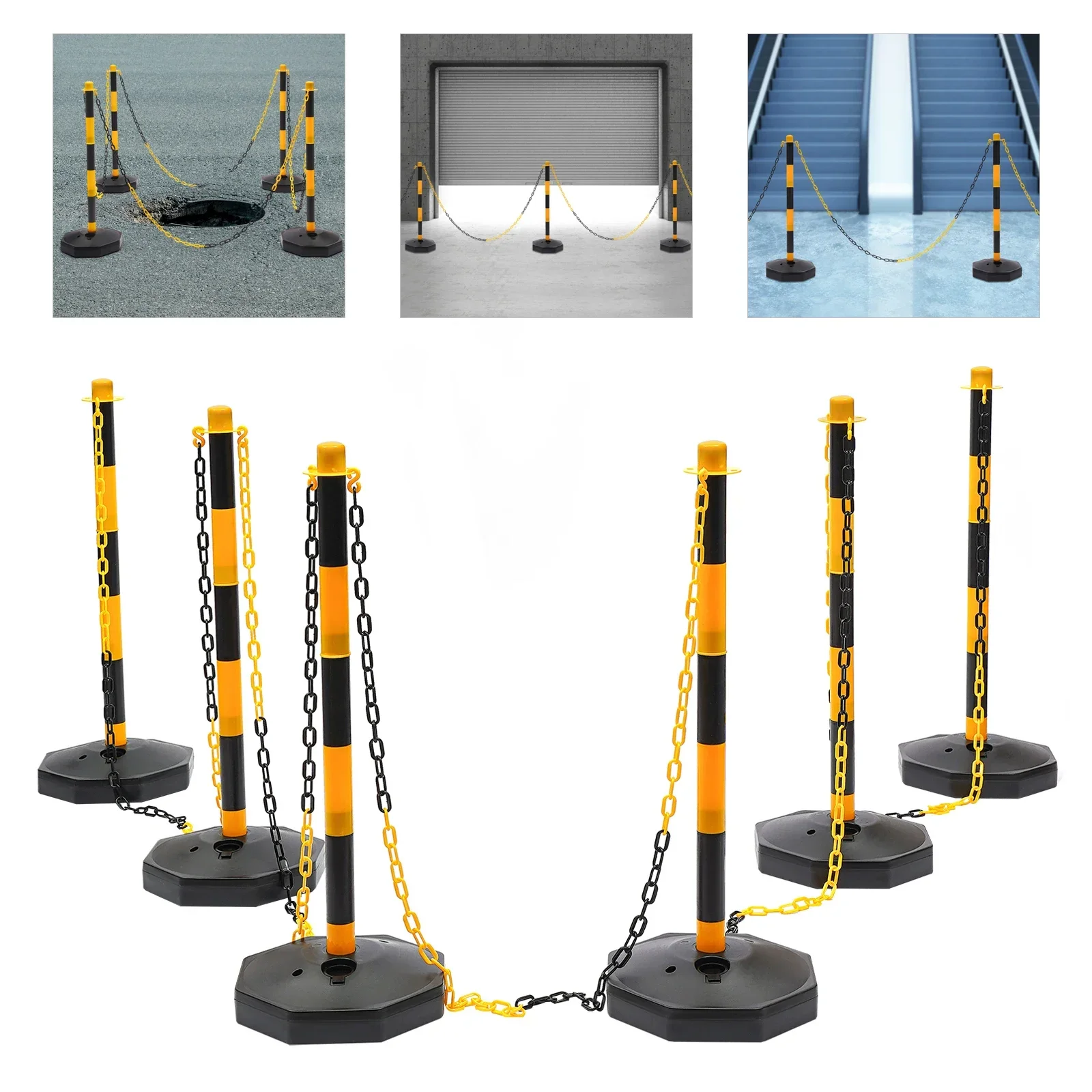 Rope Barriers, Belt Barrier with 6 Bases & 6 Poles, Black Yellow Posts, 5x2M Plastic Chain, 10 S Hooks, PE Durable Easy Assemble, Lightweight Portable Safety Fence