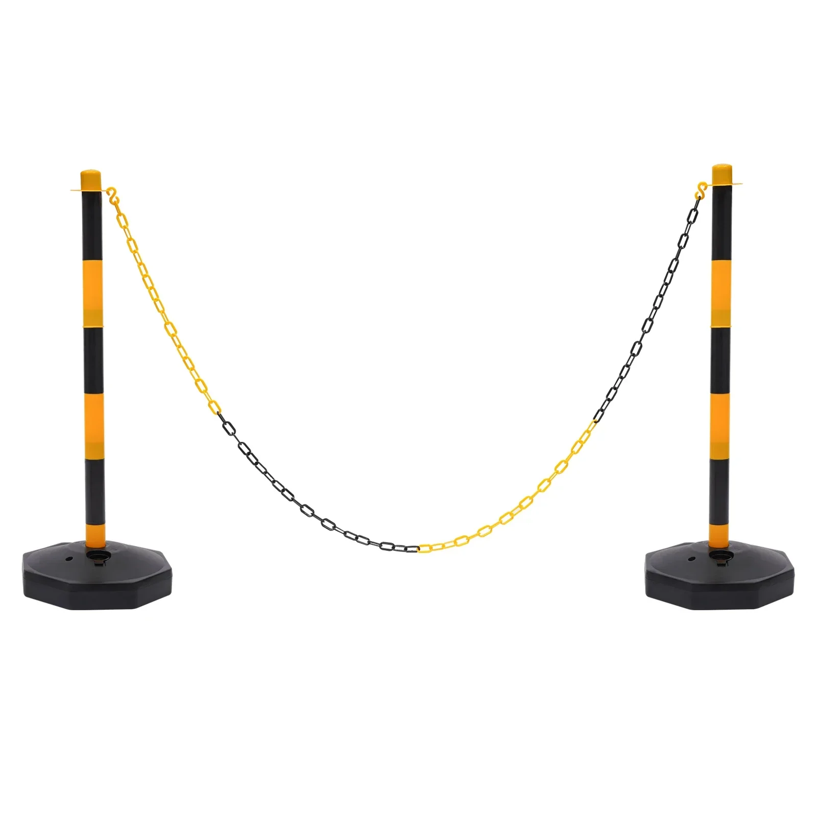 Rope Barriers, Belt Barrier with 6 Bases & 6 Poles, Black Yellow Posts, 5x2M Plastic Chain, 10 S Hooks, PE Durable Easy Assemble, Lightweight Portable Safety Fence
