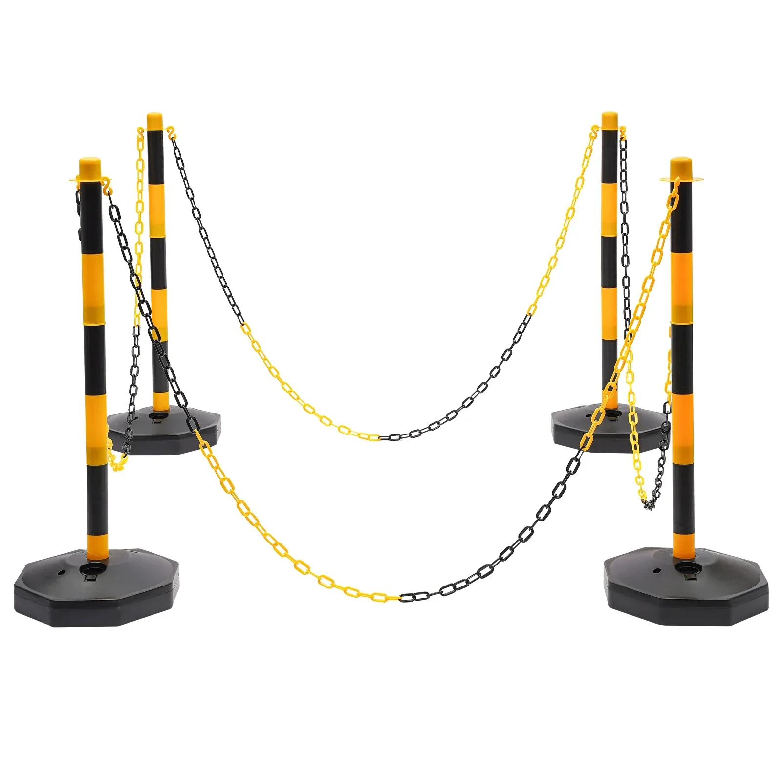 Rope Barriers, Belt Barrier with 6 Bases & 6 Poles, Black Yellow Posts, 5x2M Plastic Chain, 10 S Hooks, PE Durable Easy Assemble, Lightweight Portable Safety Fence