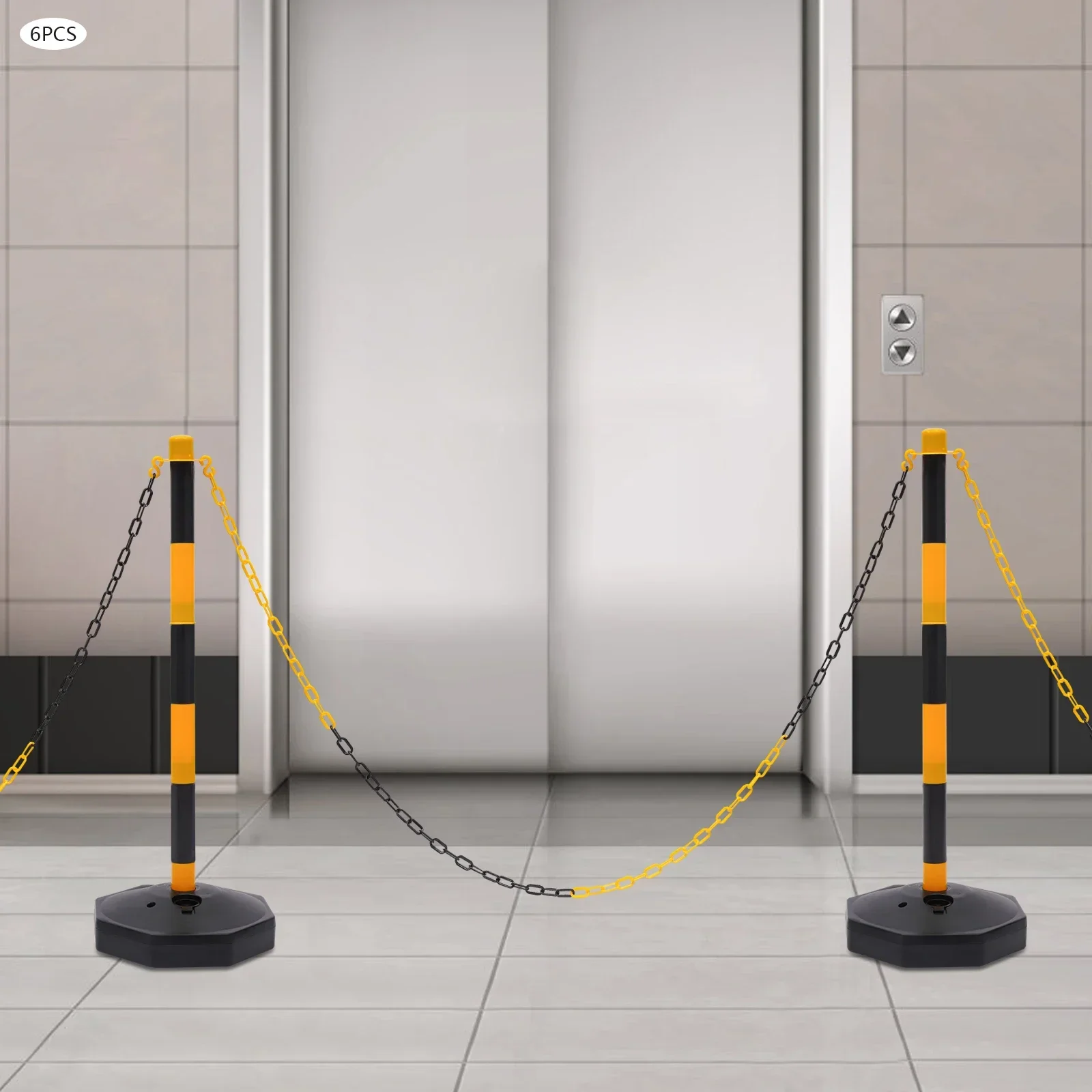Rope Barriers, Belt Barrier with 6 Bases & 6 Poles, Black Yellow Posts, 5x2M Plastic Chain, 10 S Hooks, PE Durable Easy Assemble, Lightweight Portable Safety Fence