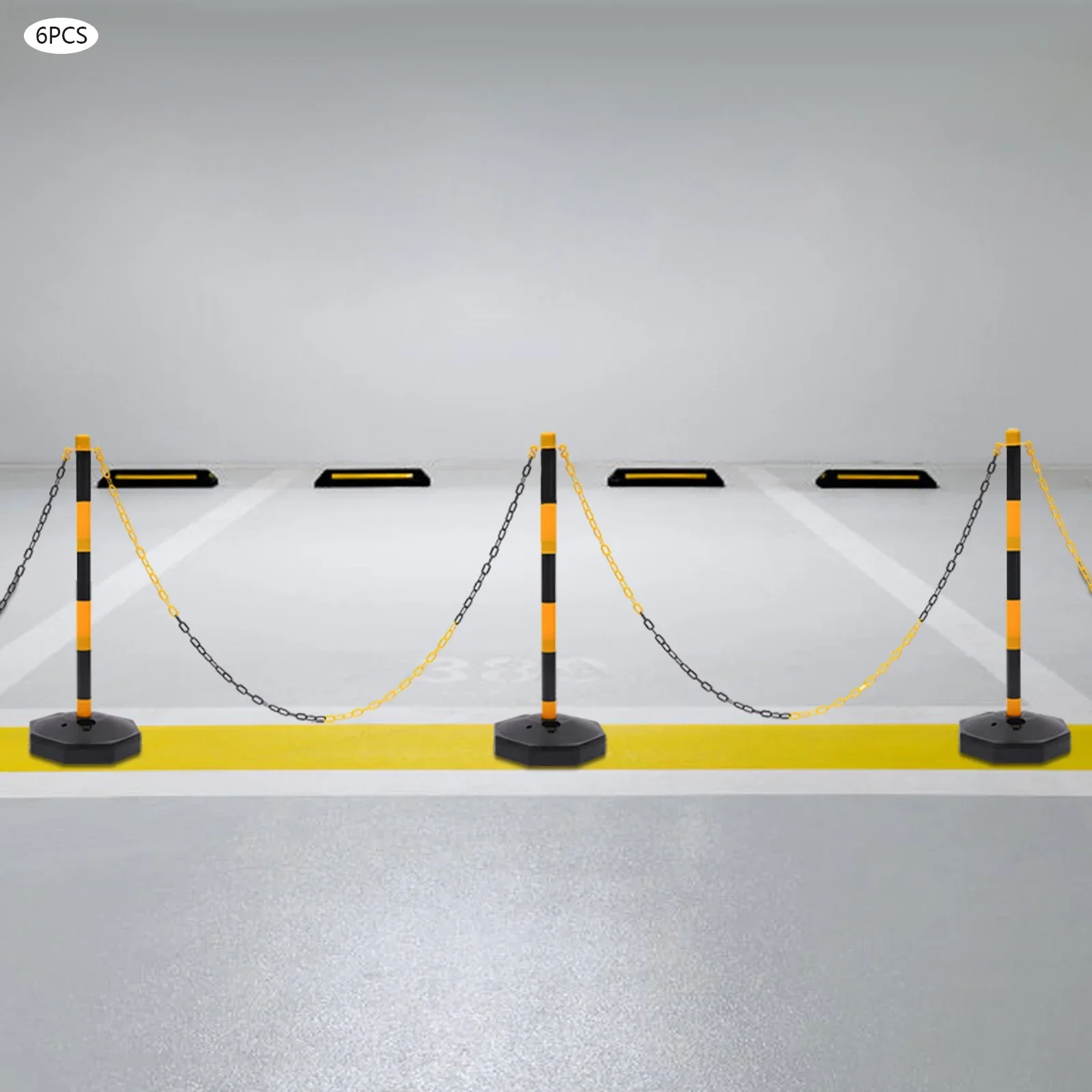 Rope Barriers, Belt Barrier with 6 Bases & 6 Poles, Black Yellow Posts, 5x2M Plastic Chain, 10 S Hooks, PE Durable Easy Assemble, Lightweight Portable Safety Fence