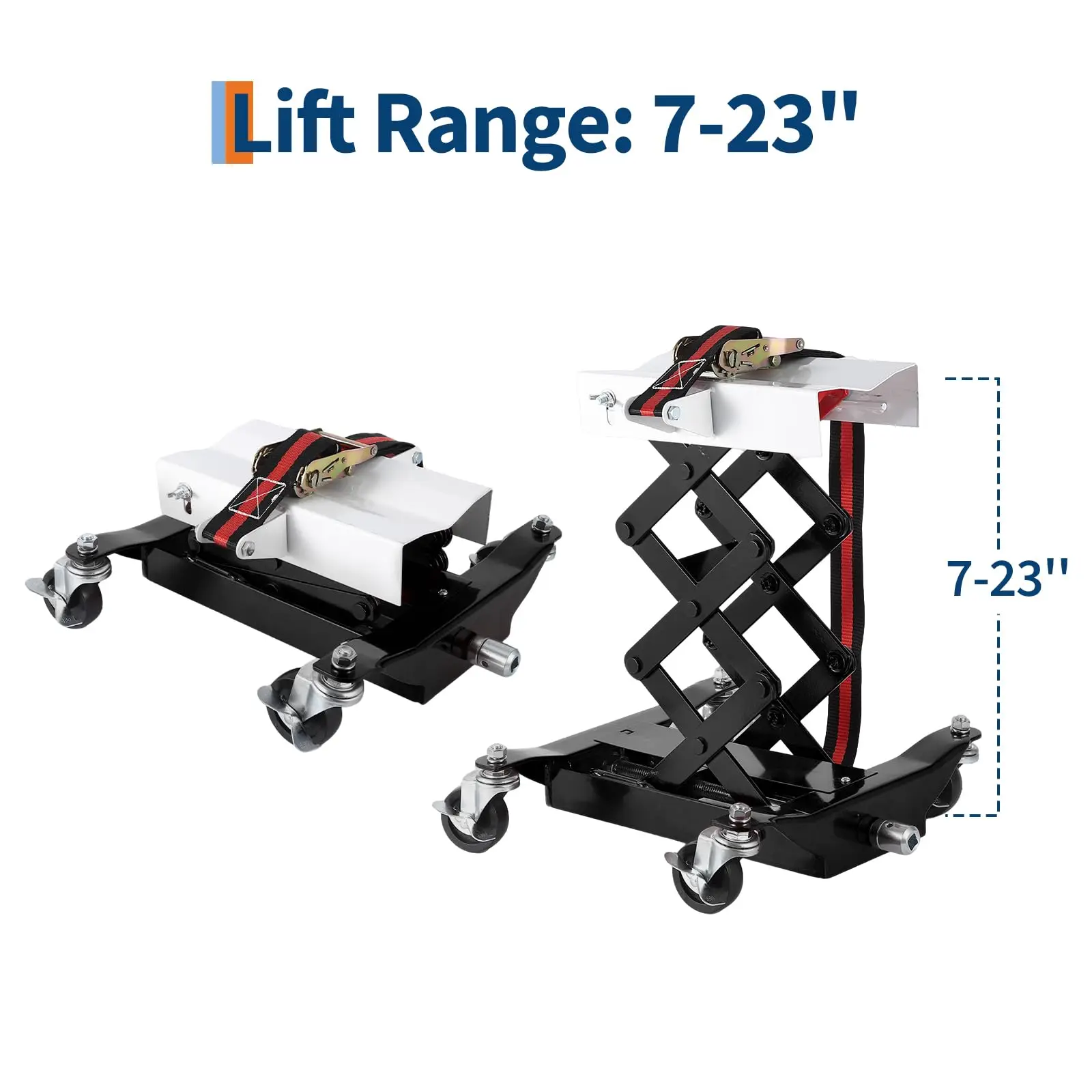 Transmission Jack 450 LBS Capacity: Low Profile Lift with 2M Safety Straps & 4 Brake Wheels, 7-23 Inch Range for Car & Truck Repair (Black)