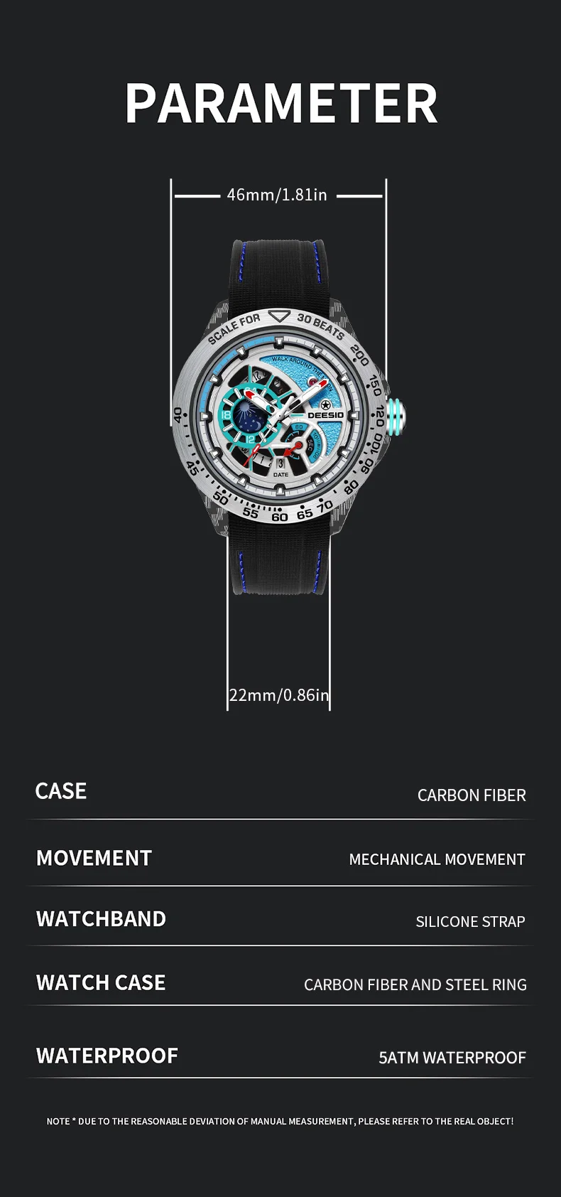 Deesio Luxury Men's Automatic Self-Winding Mechanical Watch | Upgrade Carbon Fiber Case 80g Ultra Lightweight Sport Watch | Multi-Layer 3D Relief Skeleton Dial | Dual Luminous Hands | Soft Silicone Strap | 50M Waterproof Fashion Casual Gift Watch for Men