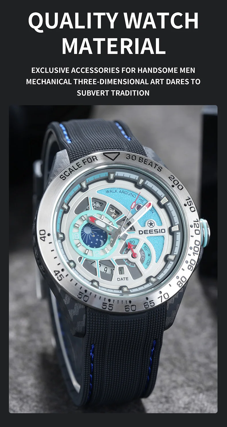 Deesio Luxury Men's Automatic Self-Winding Mechanical Watch | Upgrade Carbon Fiber Case 80g Ultra Lightweight Sport Watch | Multi-Layer 3D Relief Skeleton Dial | Dual Luminous Hands | Soft Silicone Strap | 50M Waterproof Fashion Casual Gift Watch for Men