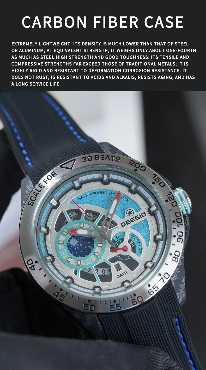 Deesio Luxury Men's Automatic Self-Winding Mechanical Watch | Upgrade Carbon Fiber Case 80g Ultra Lightweight Sport Watch | Multi-Layer 3D Relief Skeleton Dial | Dual Luminous Hands | Soft Silicone Strap | 50M Waterproof Fashion Casual Gift Watch for Men