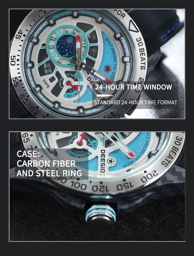 Deesio Luxury Men's Automatic Self-Winding Mechanical Watch | Upgrade Carbon Fiber Case 80g Ultra Lightweight Sport Watch | Multi-Layer 3D Relief Skeleton Dial | Dual Luminous Hands | Soft Silicone Strap | 50M Waterproof Fashion Casual Gift Watch for Men