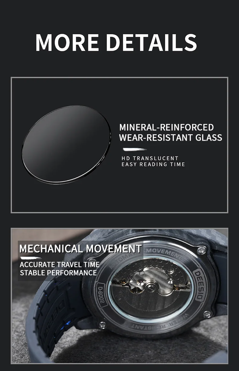 Deesio Luxury Men's Automatic Self-Winding Mechanical Watch | Upgrade Carbon Fiber Case 80g Ultra Lightweight Sport Watch | Multi-Layer 3D Relief Skeleton Dial | Dual Luminous Hands | Soft Silicone Strap | 50M Waterproof Fashion Casual Gift Watch for Men