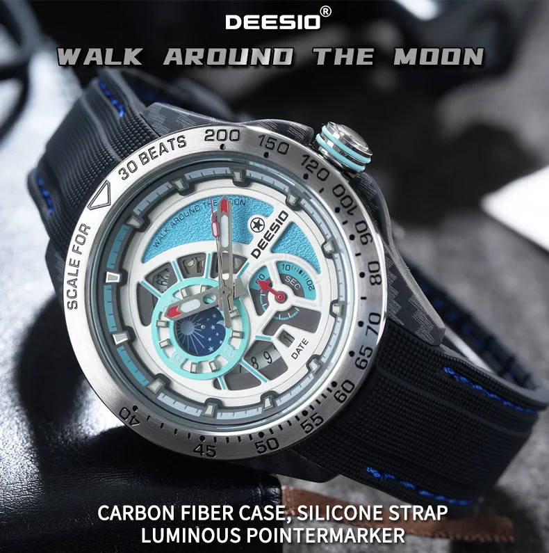 Deesio Luxury Men's Automatic Self-Winding Mechanical Watch | Upgrade Carbon Fiber Case 80g Ultra Lightweight Sport Watch | Multi-Layer 3D Relief Skeleton Dial | Dual Luminous Hands | Soft Silicone Strap | 50M Waterproof Fashion Casual Gift Watch for Men