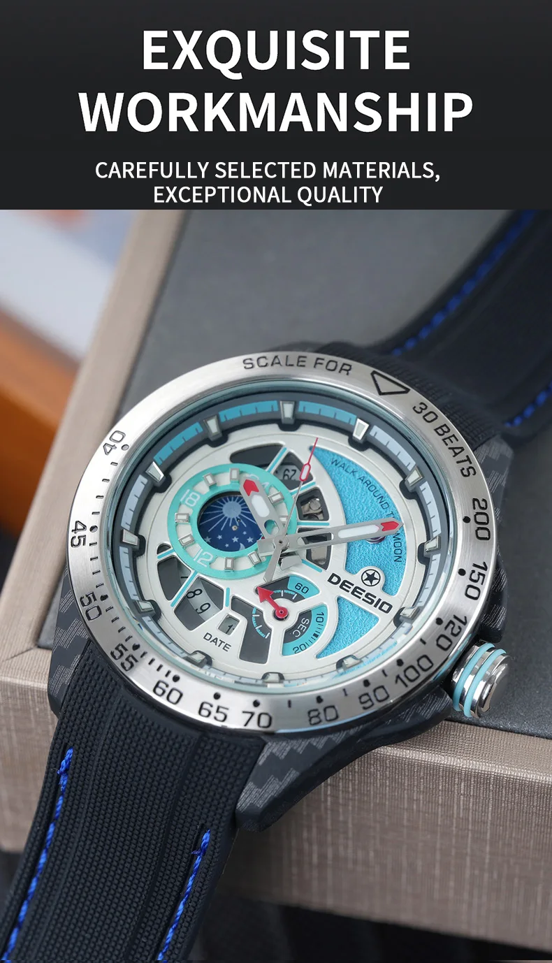 Deesio Luxury Men's Automatic Self-Winding Mechanical Watch | Upgrade Carbon Fiber Case 80g Ultra Lightweight Sport Watch | Multi-Layer 3D Relief Skeleton Dial | Dual Luminous Hands | Soft Silicone Strap | 50M Waterproof Fashion Casual Gift Watch for Men