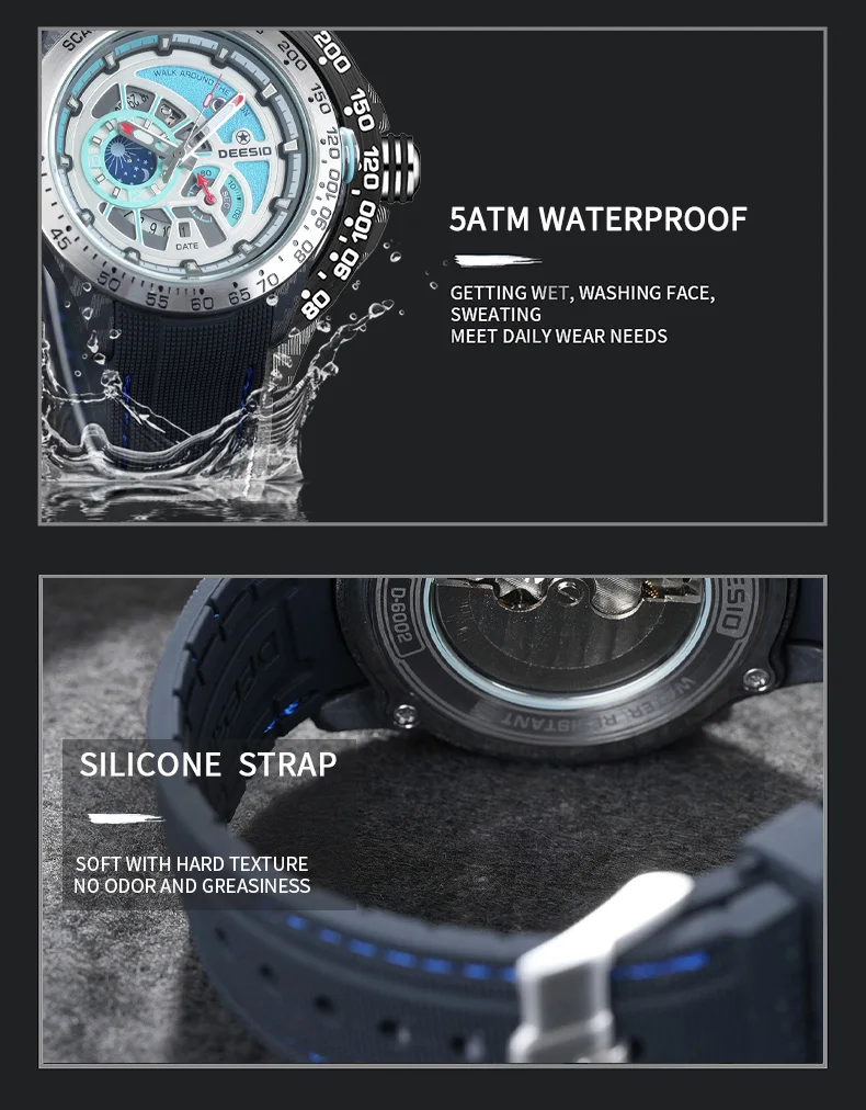 Deesio Luxury Men's Automatic Self-Winding Mechanical Watch | Upgrade Carbon Fiber Case 80g Ultra Lightweight Sport Watch | Multi-Layer 3D Relief Skeleton Dial | Dual Luminous Hands | Soft Silicone Strap | 50M Waterproof Fashion Casual Gift Watch for Men