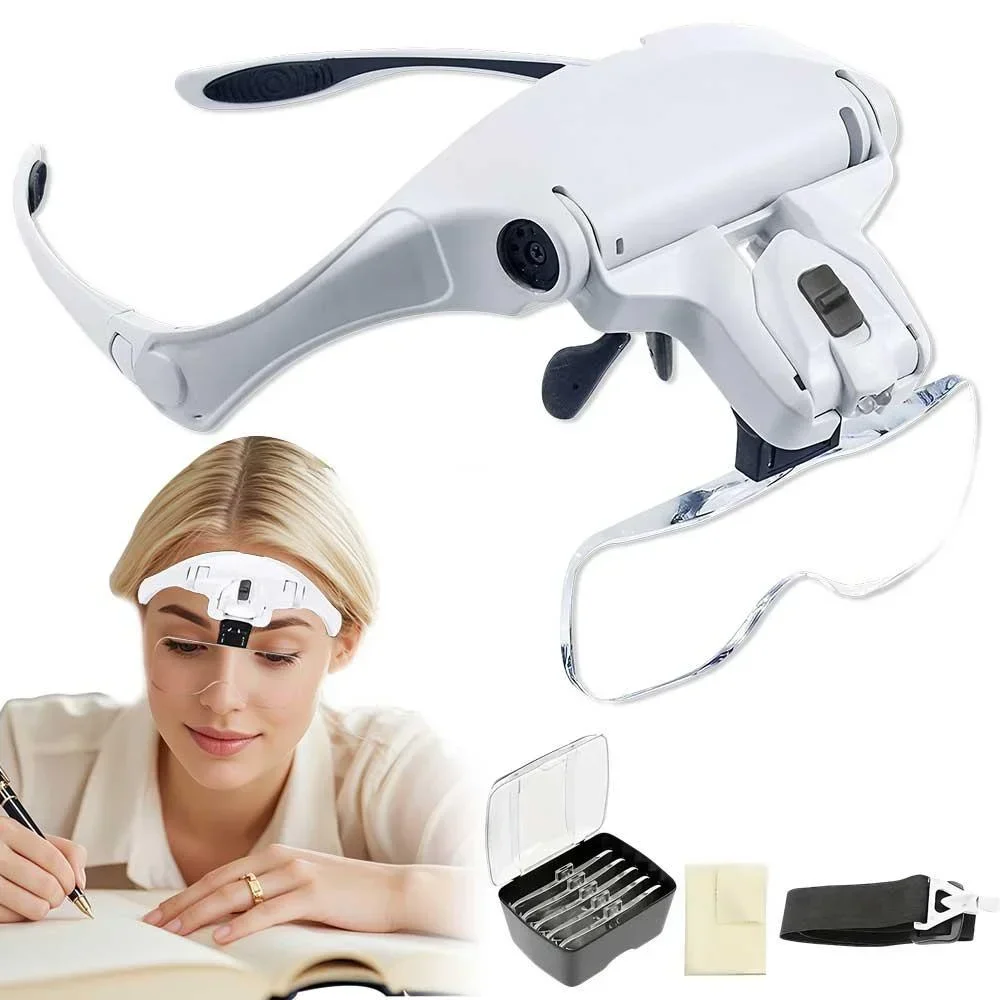 LED Head Magnifier with 5 Lenses 10X to 35X Adjustable Focus Hands Free Loupe for Precise Work Ideal for Crafts and Close Detail Magnification Glasses for Hobbyists and Professionals Lightweight Comfortable Wear