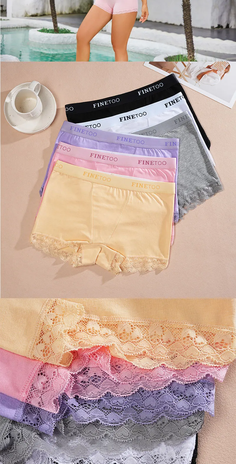 FINETOO 6Pcs/Set Women Soft Cotton Girlshort Underwears Elastic Wide Waistband Lace Edge Boxer Briefs Breathable Anti‑Chafe Panties Safety Shorts For Yoga Workout Home Lounge Wear Plus Size S‑XXL Multi‑Colors Women Underpants