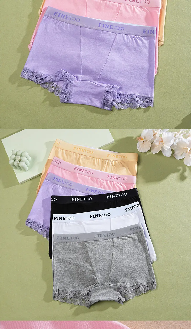 FINETOO 6Pcs/Set Women Soft Cotton Girlshort Underwears Elastic Wide Waistband Lace Edge Boxer Briefs Breathable Anti‑Chafe Panties Safety Shorts For Yoga Workout Home Lounge Wear Plus Size S‑XXL Multi‑Colors Women Underpants