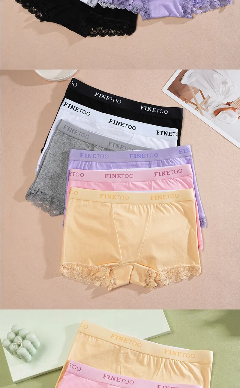FINETOO 6Pcs/Set Women Soft Cotton Girlshort Underwears Elastic Wide Waistband Lace Edge Boxer Briefs Breathable Anti‑Chafe Panties Safety Shorts For Yoga Workout Home Lounge Wear Plus Size S‑XXL Multi‑Colors Women Underpants