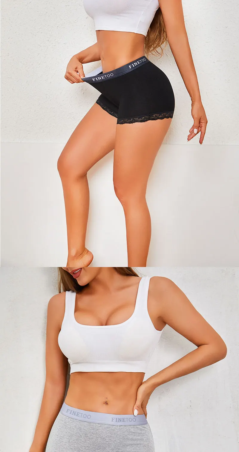 FINETOO 6Pcs/Set Women Soft Cotton Girlshort Underwears Elastic Wide Waistband Lace Edge Boxer Briefs Breathable Anti‑Chafe Panties Safety Shorts For Yoga Workout Home Lounge Wear Plus Size S‑XXL Multi‑Colors Women Underpants